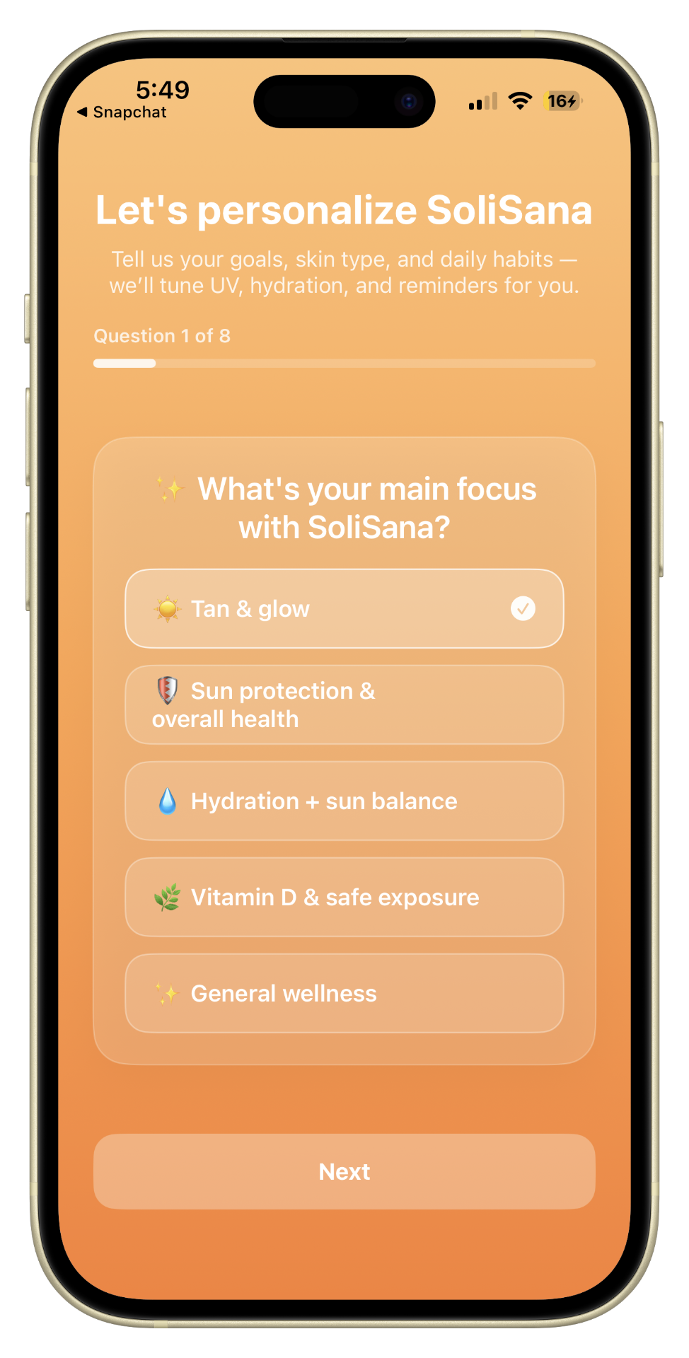 Solisana onboarding — personalize your goals
